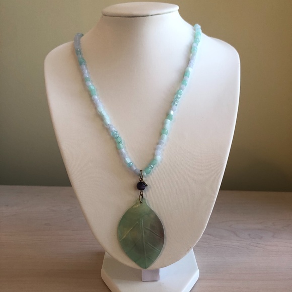 Jewelry - Handmade Aqua Blue Beaded Necklace with Mother of Pearl Like Leaf Pendant